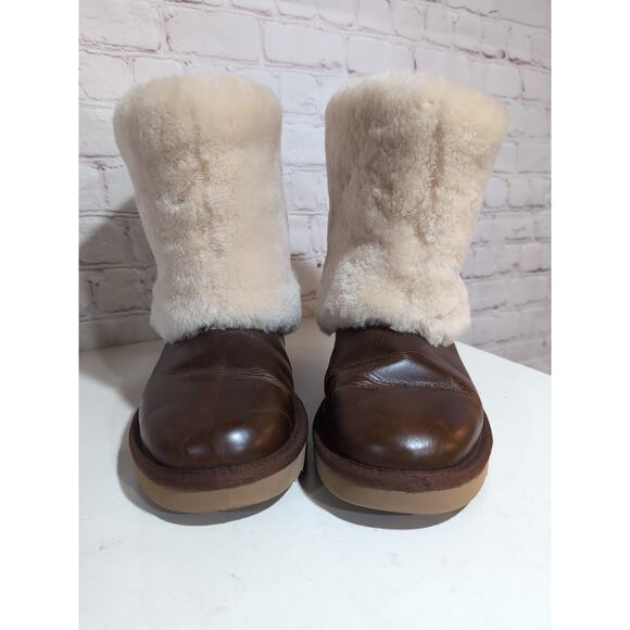 UGG Australia Boots Patten Shearling Cuff Women’s Sz 8 Dark Chestnut Leather - Picture 7 of 15